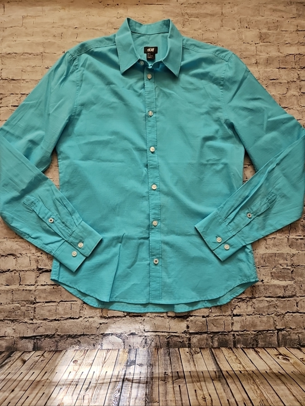 H&M Men’s Teal Blue Long-Sleeve Button-Up Shirt Size S